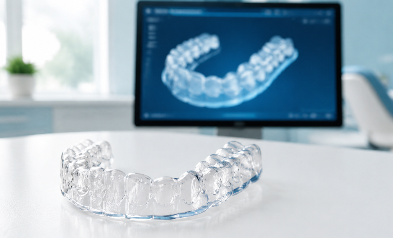 Ortodoncia invisible encima de la mesa y detrás monitor con la imagen en 4D | Ortodoncia invisible 4D | Dentista en Madrid | Clínica Dental Forex